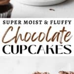 Vertical Pinterest image of chocolate cupcakes decorated with chocolate frosting.