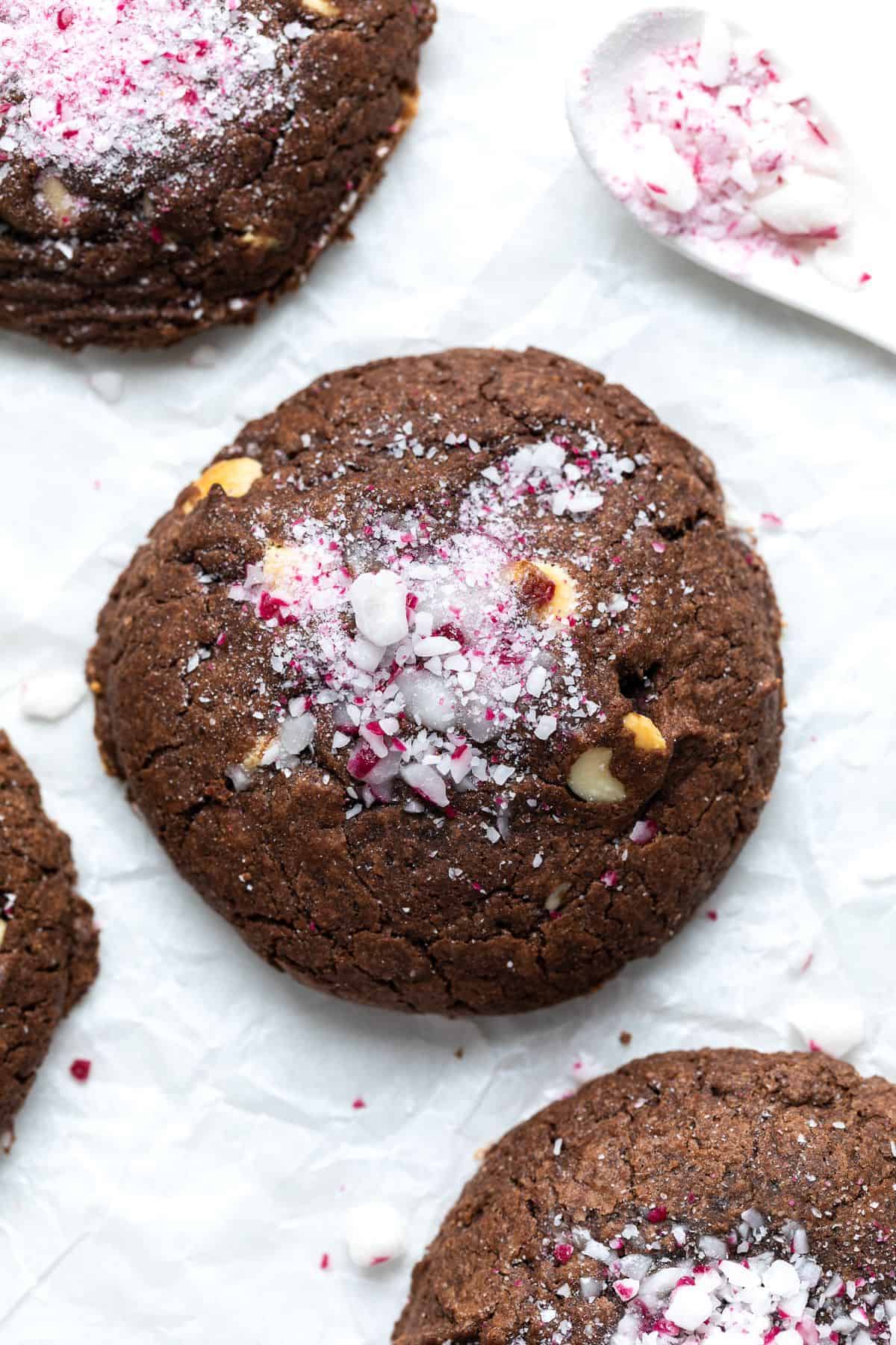 Chocolate peppermint cookies on a white surface.