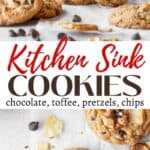 Vertical Pinterest image of a stack of kitchen sink cookies with text.
