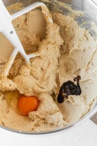 Vanilla paste and an egg added to the creamed butter in a metallic bowl.