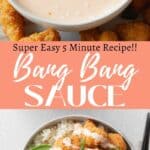 Vertical Pinterest image of bang bang sauce with text overlay.