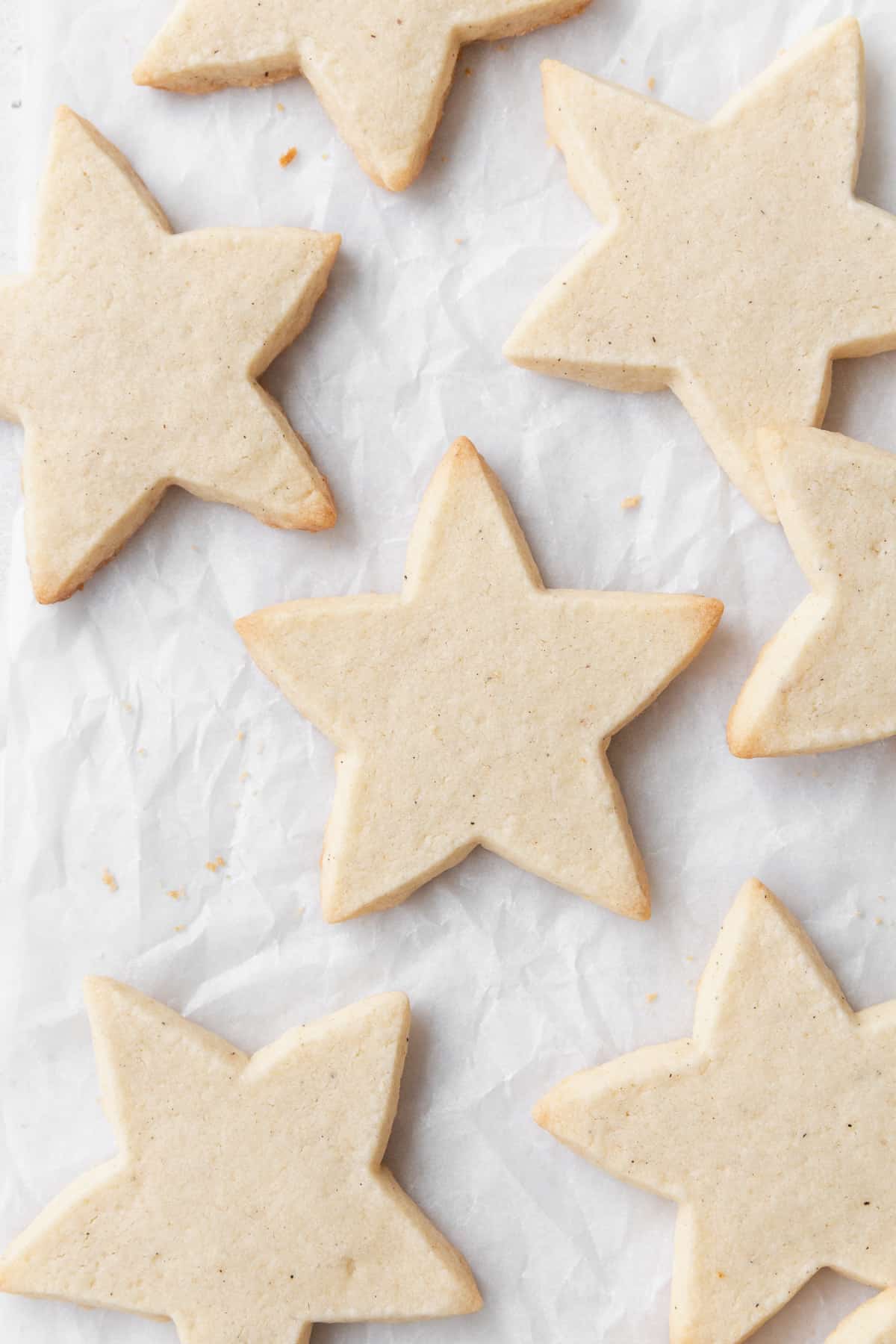 A close up of gluten free cut out cookies laid out on parchment paper.