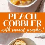 Long vertical pin image of peach cobbler in white bowls with a scoop of ice cream.