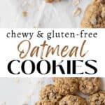 Long vertical pin of gluten free oatmeal cookies with chocolate chips.