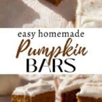 Long vertical Pinterest image of pumpkin bars with cream cheese frosting.