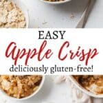 Pinterest image of apple crisp with a scoop of vanilla ice cream.