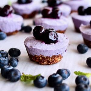 A blueberry cheesecake bite with blueberries in front.