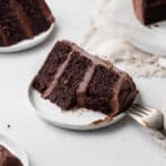 A bitten slice of gluten free chocolate cake with chocolate frosting on a small white plate.