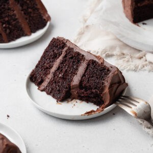 A bitten slice of gluten free chocolate cake with chocolate frosting on a small white plate.