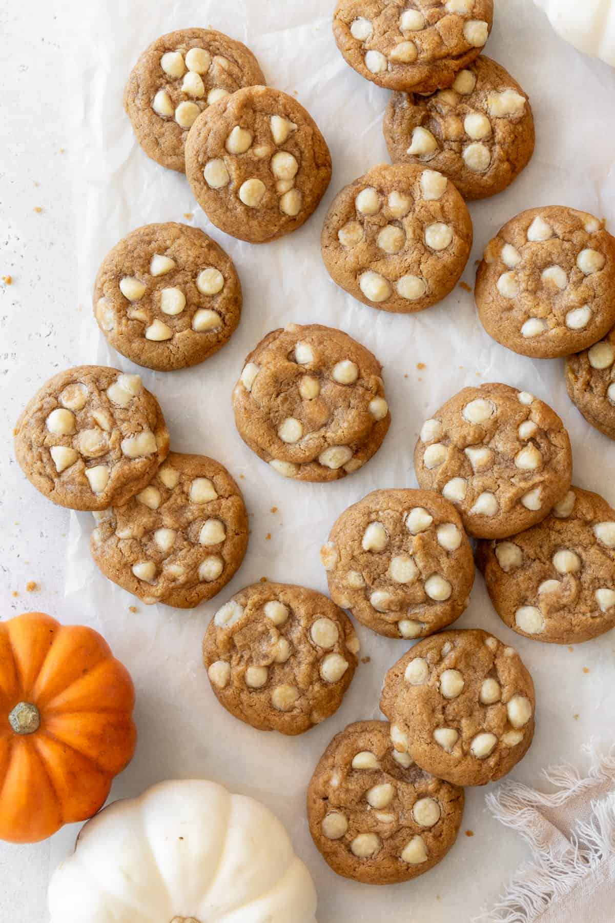 Gluten free pumpkin cookies scattered on a piece of parchment paper, with a white pumpkin and orange pumpkin in the bottom left corner of the photo.