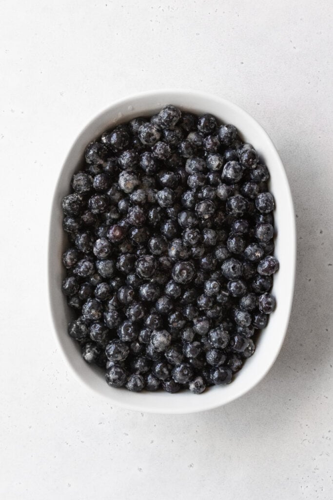 Blueberries in a baking dish.